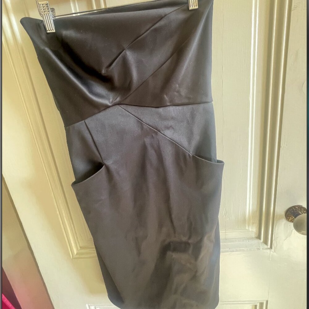 Strapless, knee-length, black cocktail dress